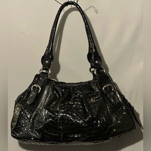 Authentic mania Black leather Crocodile-Embossed Bag silver hardware #125/BB
